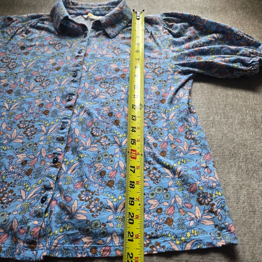 Boden Blue Floral Cotton Slub Jersey Puff Sleeve Button Front Top US 8